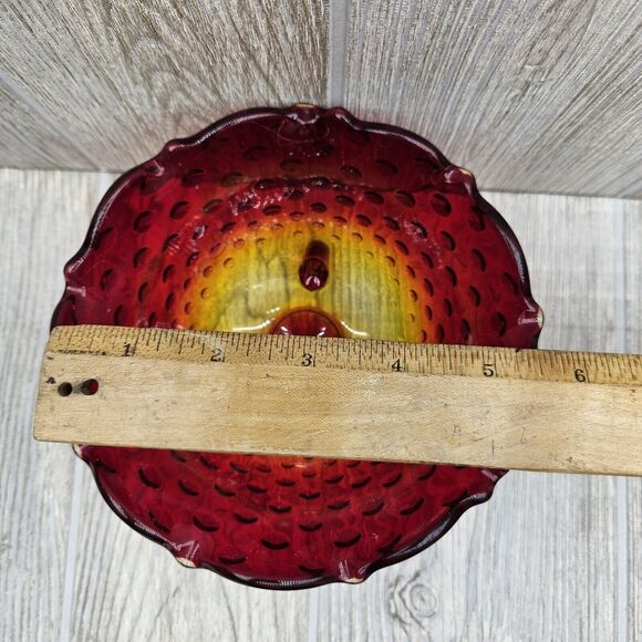 Vtg MCM Glass Amberina‎ Ruby Yellow Short 3 Footed Bowl Dish Hobnail Scalloped - Picture 9 of 9